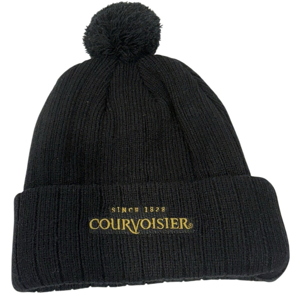 Courvoisier Black Knit Beanie Hat With Pom Since 1828 Logo Acrylic Cuffed Winter